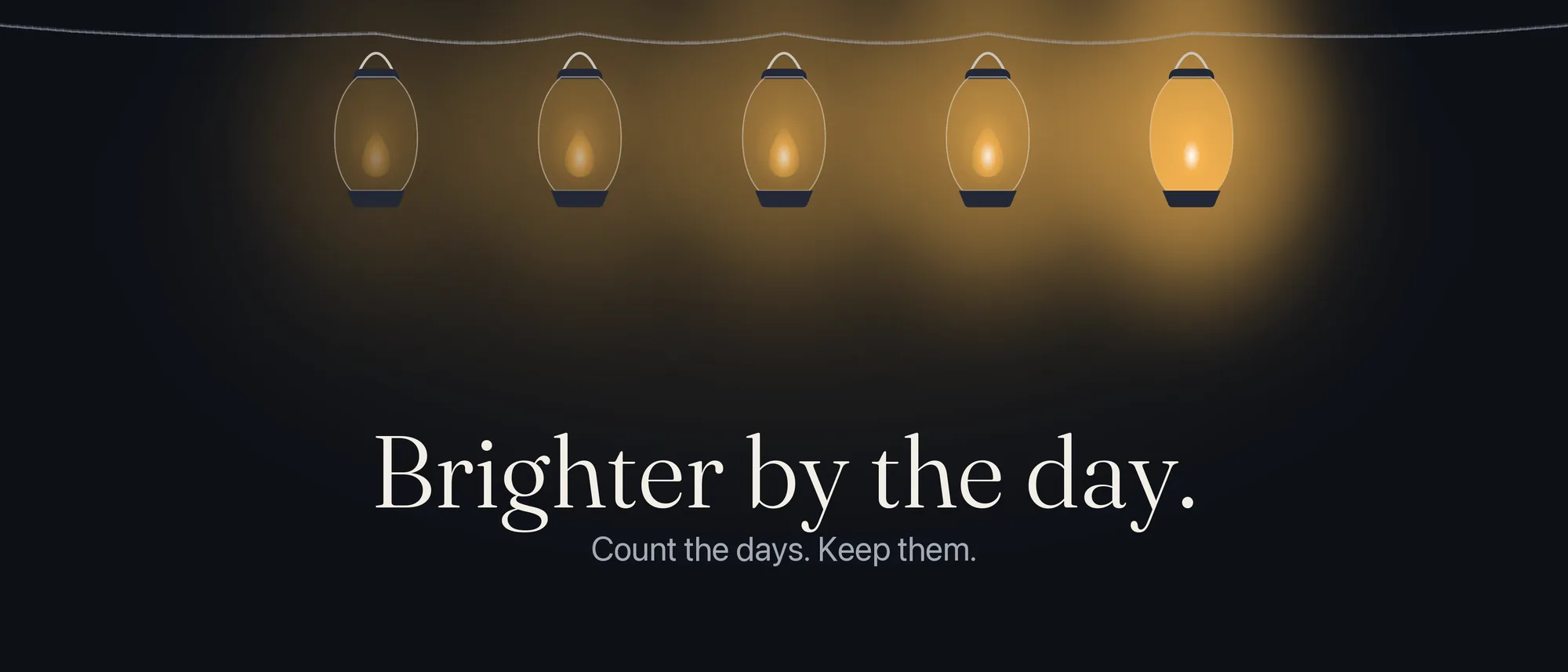Five lanterns on a wire, from barely lit to fully lit, above the words Brighter by the day.