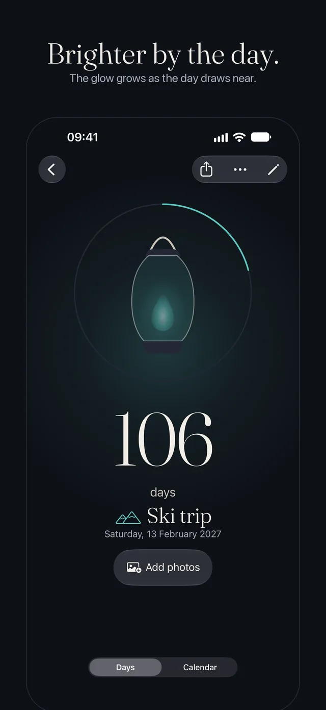 A lantern-led event on iPhone, the lantern glowing teal with 105 days to go.