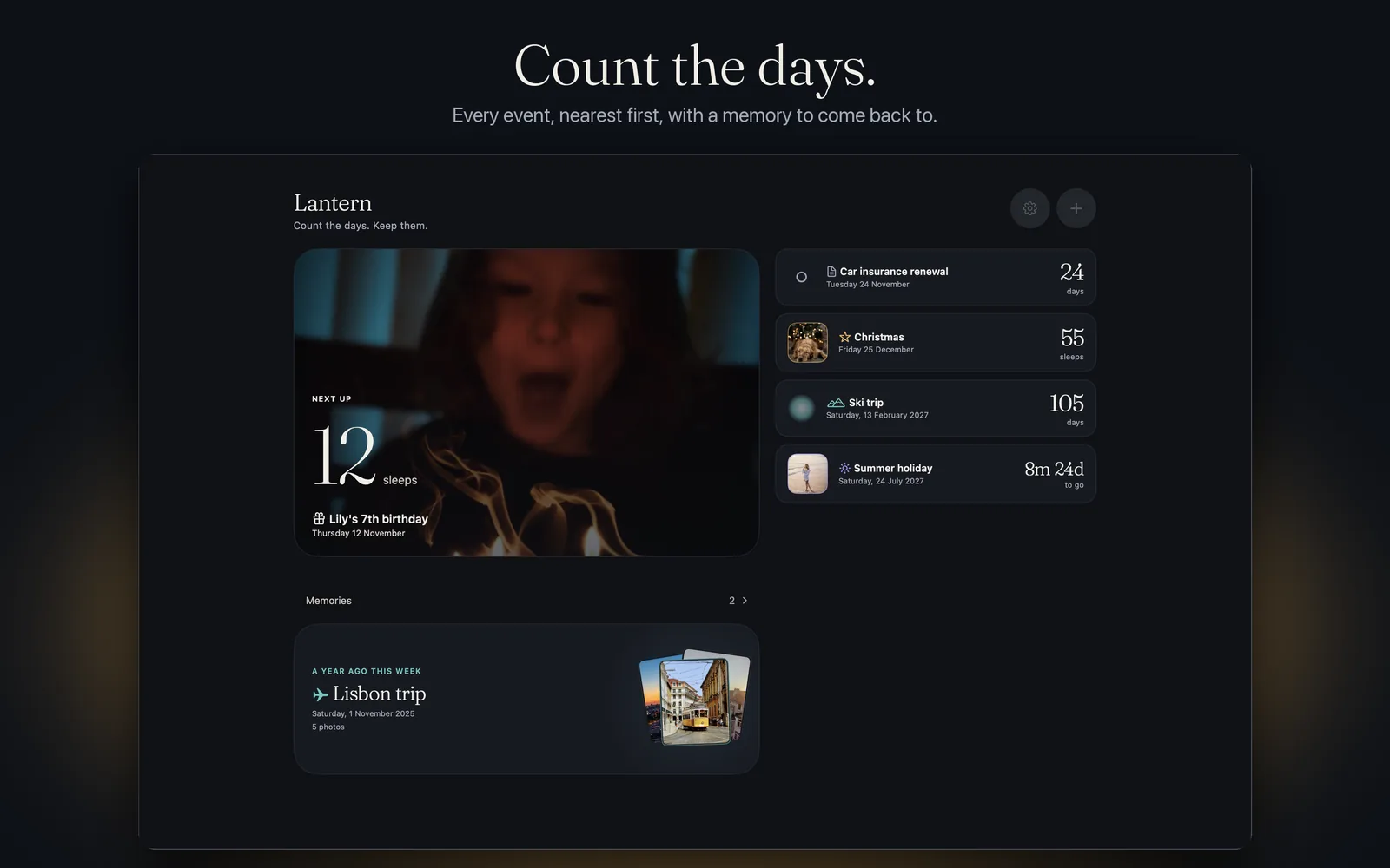 Lantern on the Mac: a birthday countdown beside the list of coming events, and a memory from a year ago.